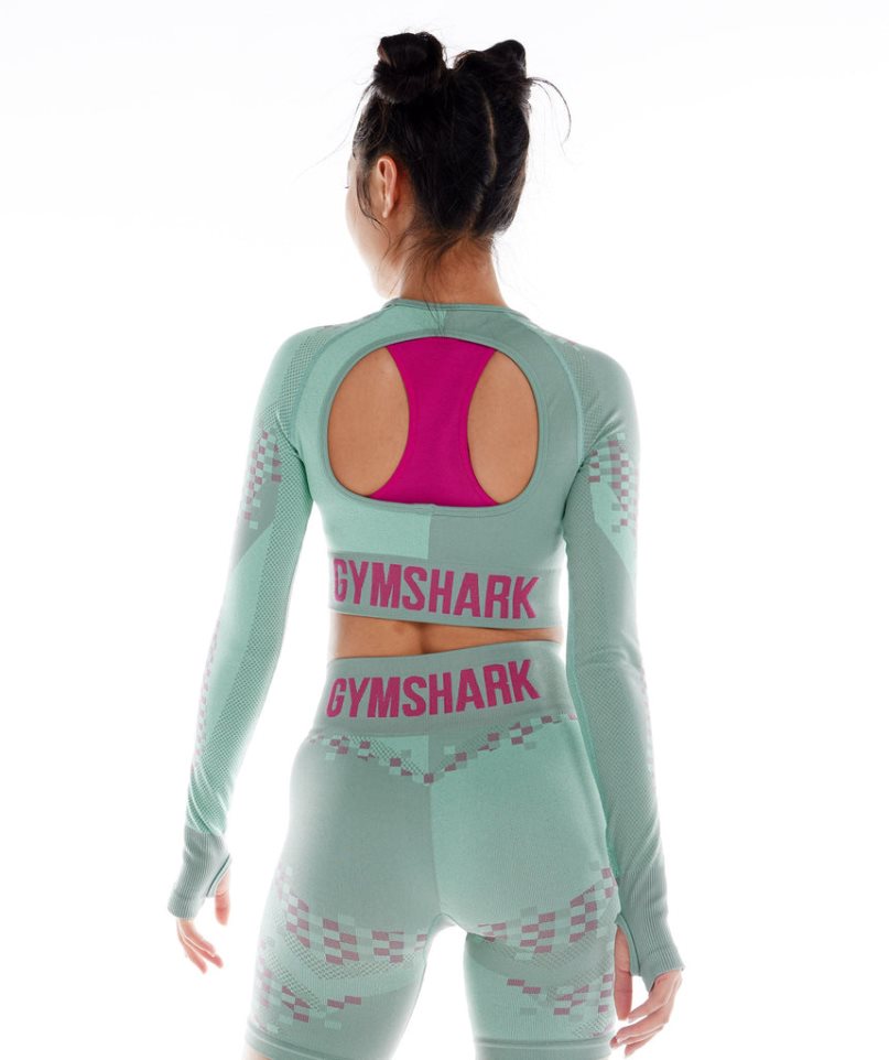 Women's Gymshark Wtflex Cyborg Seamless Long Sleeve Cropped Tops Green | CA 18DN7A